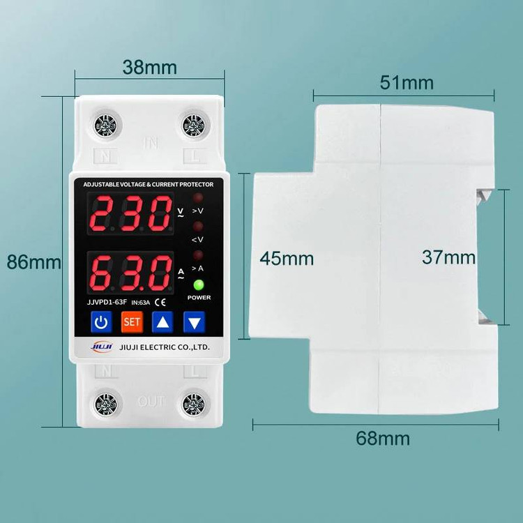 محافظ ولتاژ و جریان دیجیتال JIUJI مدل JJVPD1-63F مناسب کولر گازی و پمپ آب