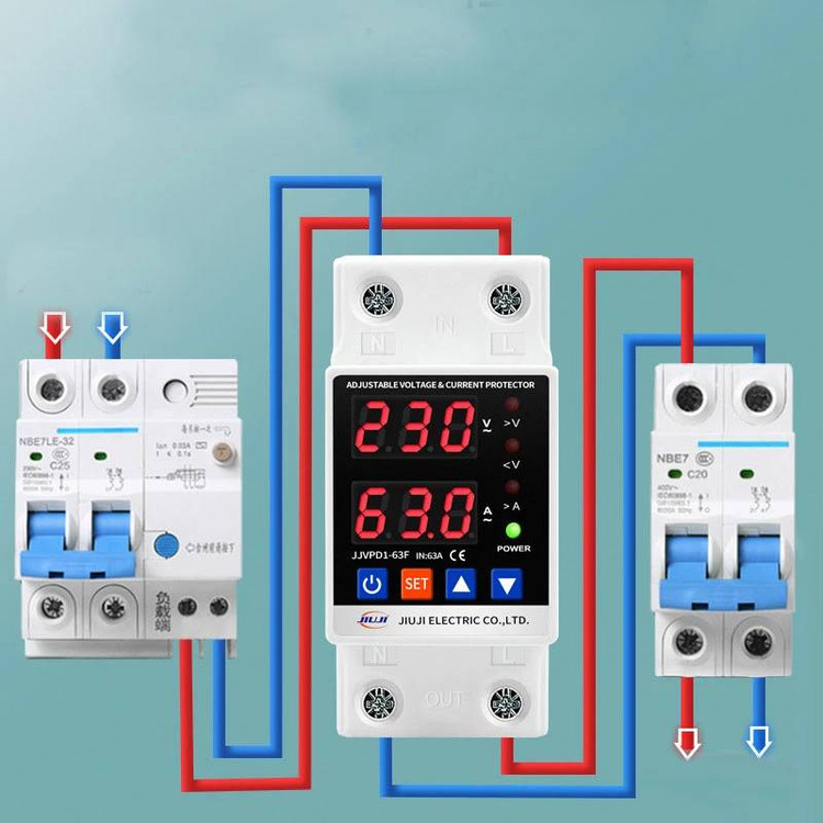 محافظ ولتاژ و جریان دیجیتال JIUJI مدل JJVPD1-63F مناسب کولر گازی و پمپ آب