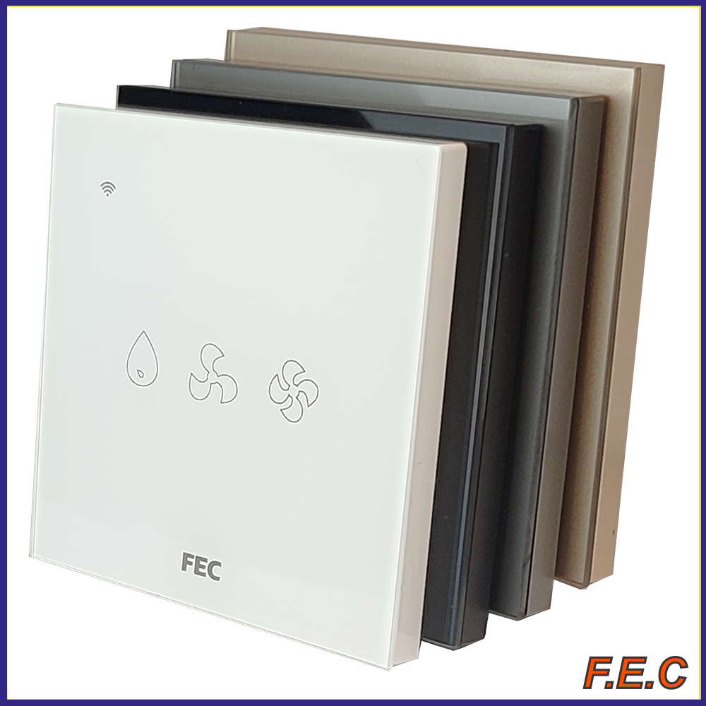 کلید هوشمند کولر آبی FEC مدل FEC-AC-SW-03 با پنل شیشه‌ای کریستال ضد خش در چهار رنگ سفید، مشکی، طوسی و طلایی