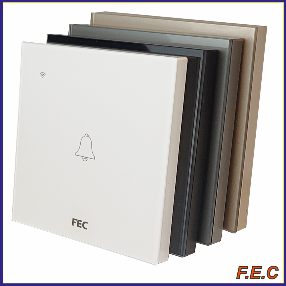 کلید شاسی زنگ لمسی طرح مدرن FEC مدل FEC-DOORBELL با پنل شیشه‌ای کریستال ضد خش در چهار رنگ سفید، مشکی، طوسی و طلایی
