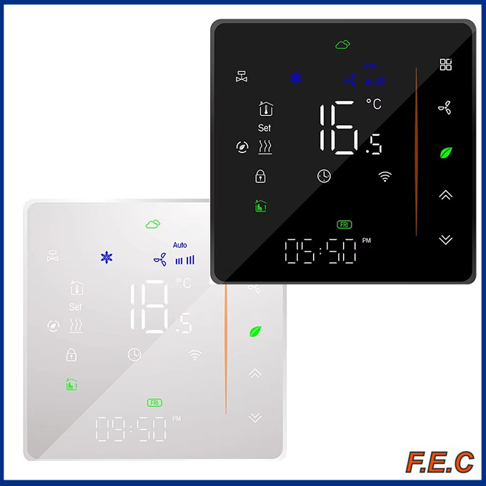 ترموستات هوشمند لمسی FEC-TW-06-4P طرح مدرن با نمایشگر LED رنگی، مناسب برای داکت اسپلیت و فن‌کوئل