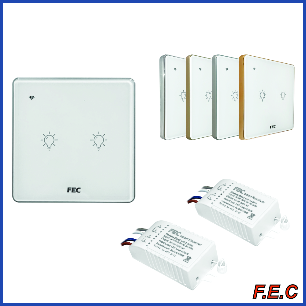 کلید هوشمند وایرلس دوپل FEC-SWS-02 با پنل کریستالی ضدخش و نصب بدون سیم نول
